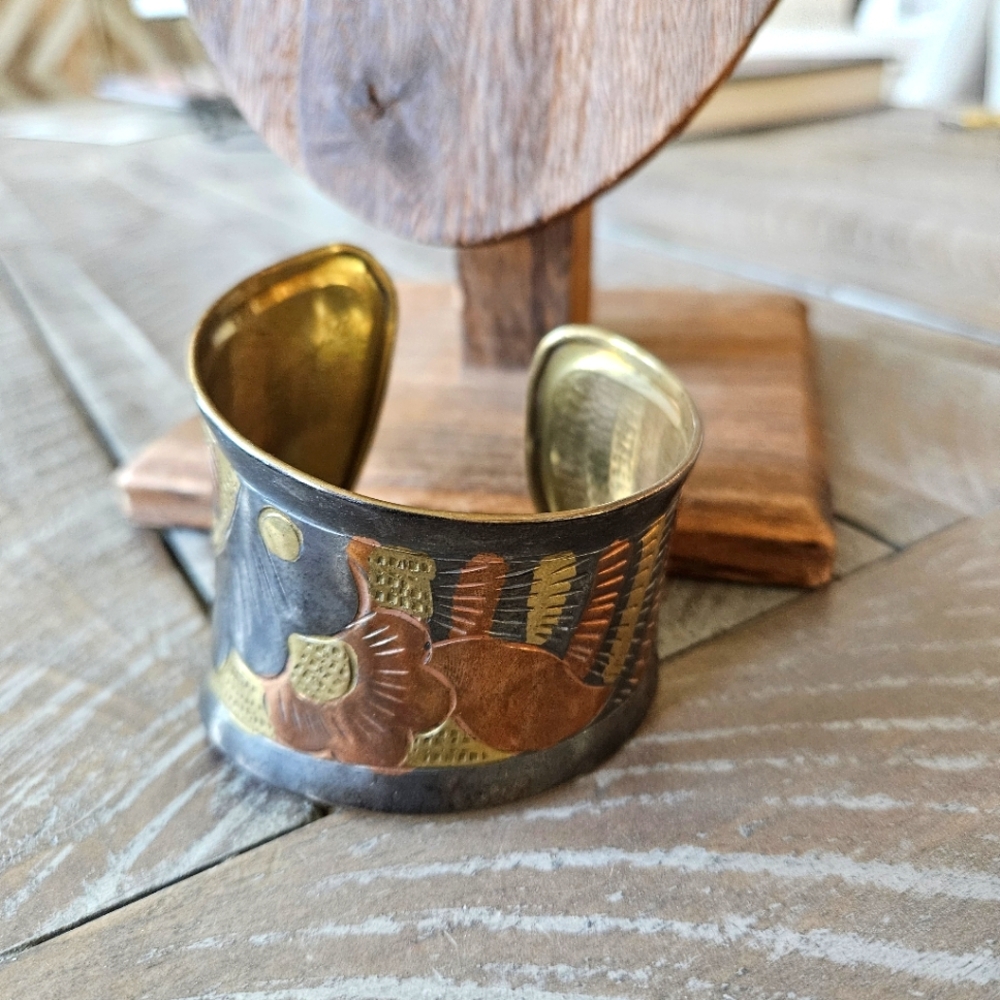 Vintage Etched Brass Womens Cuff Bracelet